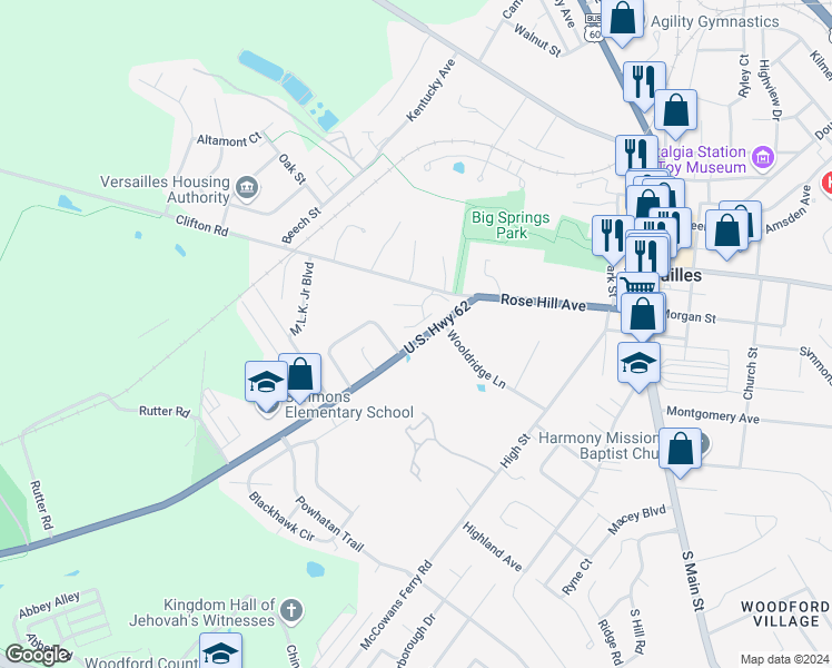 map of restaurants, bars, coffee shops, grocery stores, and more near 232 Breckinridge Drive in Versailles