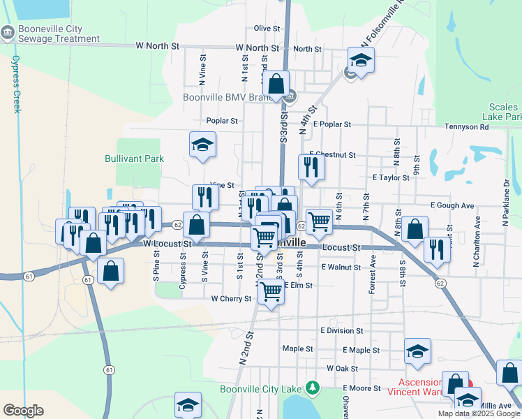 map of restaurants, bars, coffee shops, grocery stores, and more near 207 West Main Street in Boonville