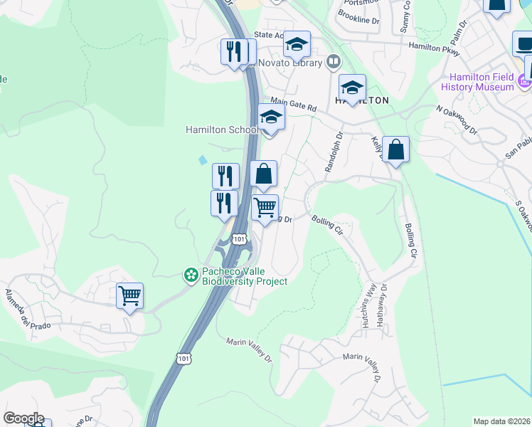map of restaurants, bars, coffee shops, grocery stores, and more near Bolling Dr & Marin Valley Dr in Novato