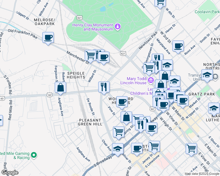 map of restaurants, bars, coffee shops, grocery stores, and more near 856 West High Street in Lexington