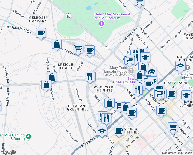 map of restaurants, bars, coffee shops, grocery stores, and more near 853 West High Street in Lexington