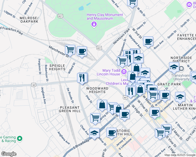 map of restaurants, bars, coffee shops, grocery stores, and more near 817 West High Street in Lexington