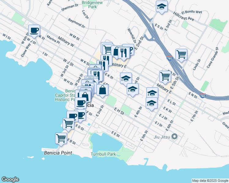 map of restaurants, bars, coffee shops, grocery stores, and more near 240 East J Street in Benicia