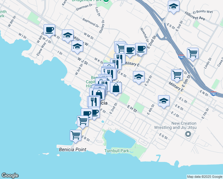 map of restaurants, bars, coffee shops, grocery stores, and more near 129 East H Street in Benicia