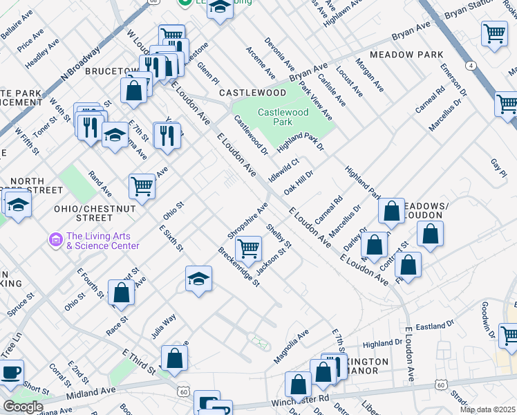 map of restaurants, bars, coffee shops, grocery stores, and more near 509 Shelby Street in Lexington
