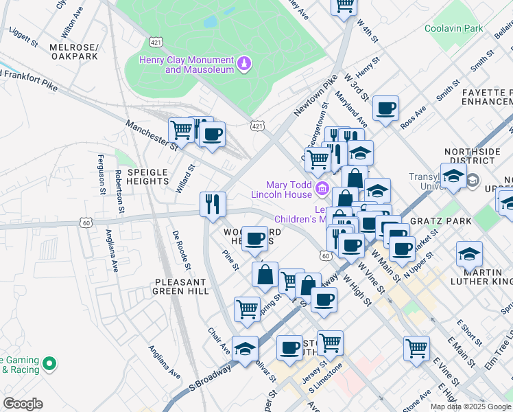 map of restaurants, bars, coffee shops, grocery stores, and more near 816 West High Street in Lexington