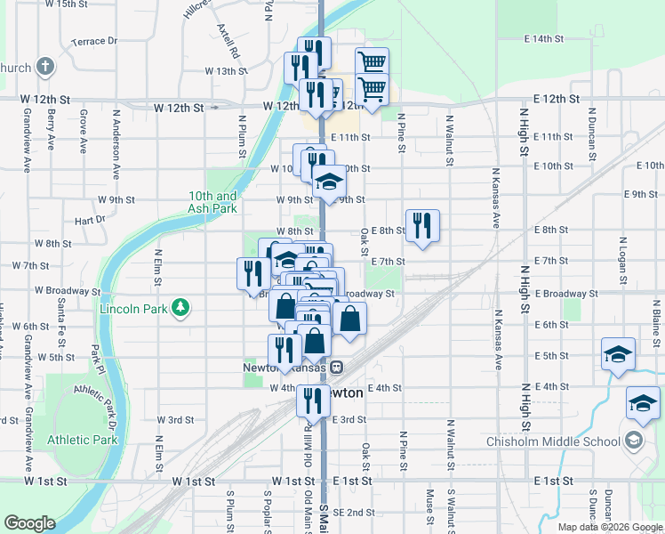 map of restaurants, bars, coffee shops, grocery stores, and more near 109 E 7th St in Newton