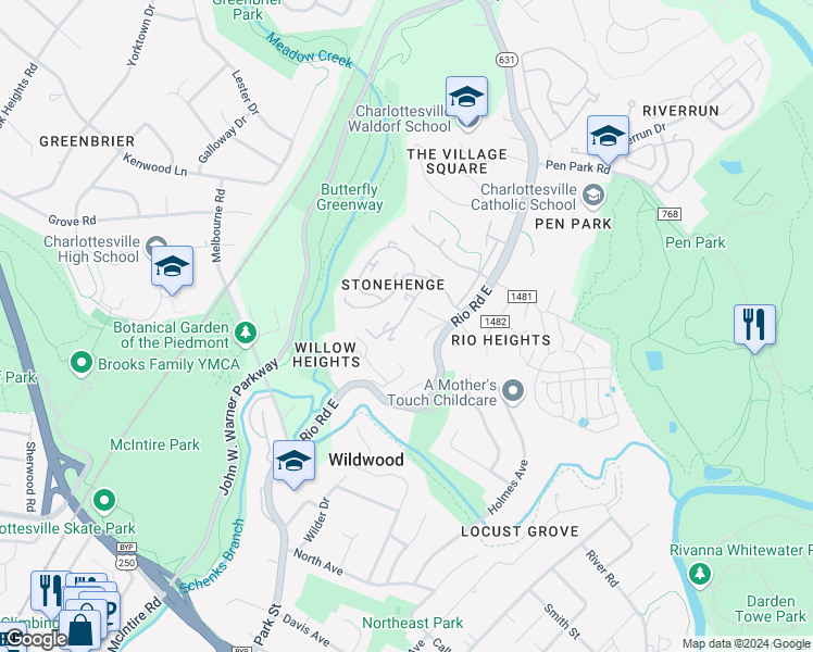 map of restaurants, bars, coffee shops, grocery stores, and more near 941 Southampton Drive in Charlottesville