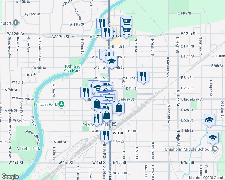 map of restaurants, bars, coffee shops, grocery stores, and more near 109 E 7th St in Newton