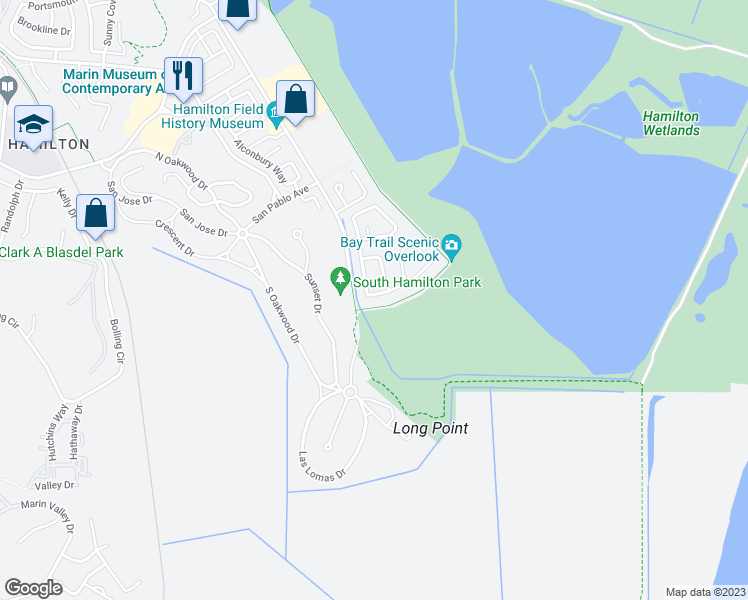 map of restaurants, bars, coffee shops, grocery stores, and more near 114 Emerson Avenue in Novato