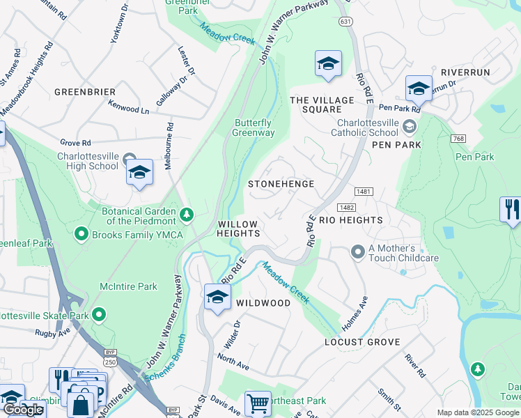 map of restaurants, bars, coffee shops, grocery stores, and more near 936 Prescelly Place in Charlottesville