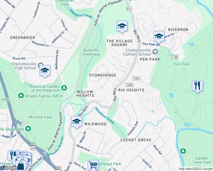 map of restaurants, bars, coffee shops, grocery stores, and more near 943 Southampton Drive in Charlottesville