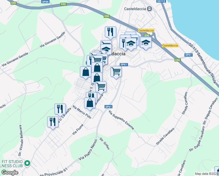 map of restaurants, bars, coffee shops, grocery stores, and more near 55 Via Suppietro in Casteldaccia
