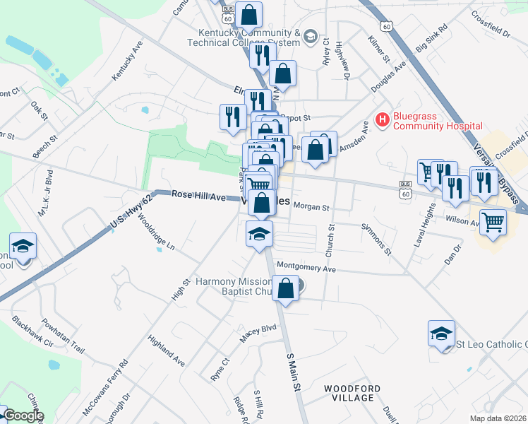 map of restaurants, bars, coffee shops, grocery stores, and more near 229 South Main Street in Versailles