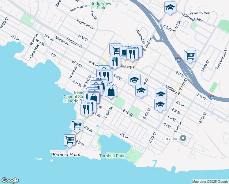 map of restaurants, bars, coffee shops, grocery stores, and more near 195 East I Street in Benicia