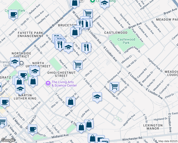 map of restaurants, bars, coffee shops, grocery stores, and more near 621 Ohio Street in Lexington