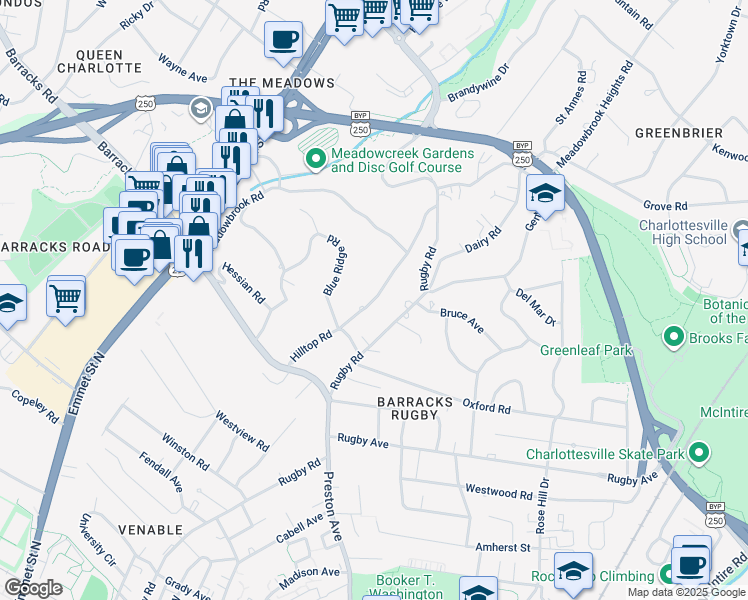 map of restaurants, bars, coffee shops, grocery stores, and more near 1319 Hilltop Road in Charlottesville