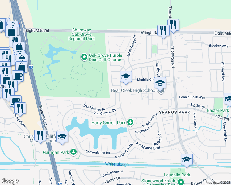 map of restaurants, bars, coffee shops, grocery stores, and more near 3450 Banyon Drive in Stockton