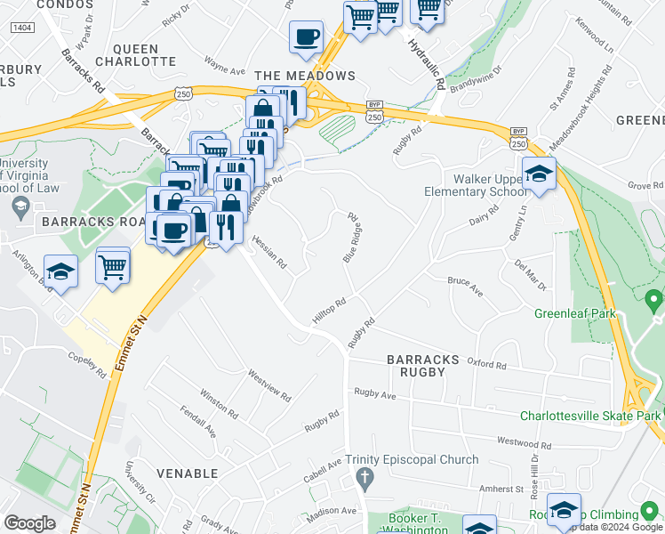 map of restaurants, bars, coffee shops, grocery stores, and more near 1916 Blue Ridge Road in Charlottesville