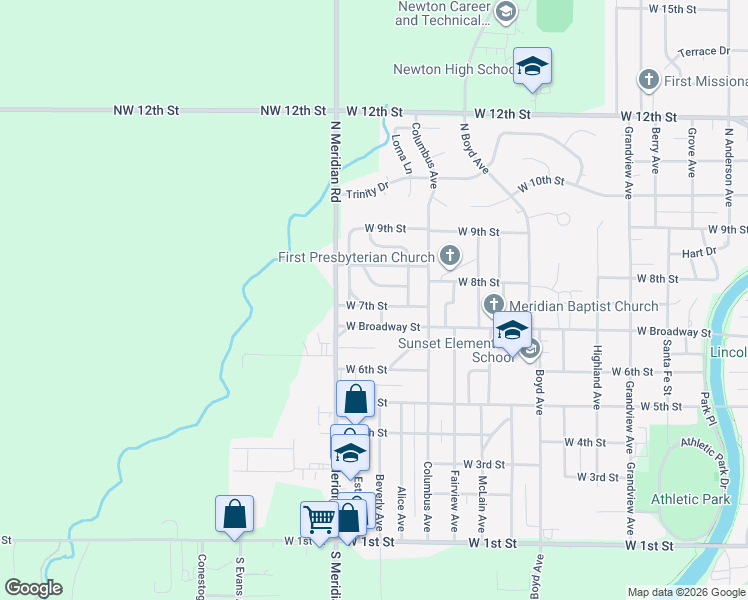 map of restaurants, bars, coffee shops, grocery stores, and more near 1414 W Broadway St in Newton