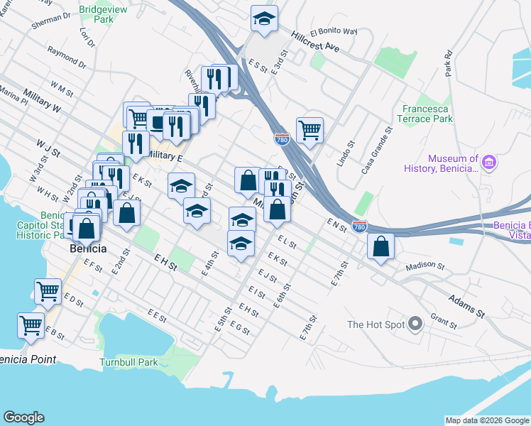 map of restaurants, bars, coffee shops, grocery stores, and more near 450 Military East in Benicia