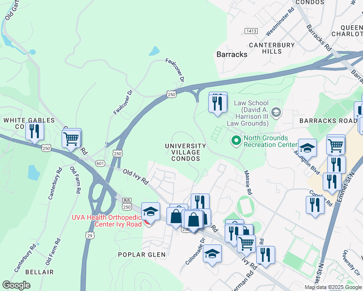 map of restaurants, bars, coffee shops, grocery stores, and more near 500 Crestwood Drive in Charlottesville