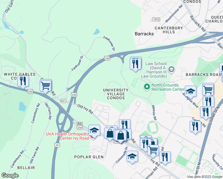 map of restaurants, bars, coffee shops, grocery stores, and more near 500 Crestwood Drive in Charlottesville