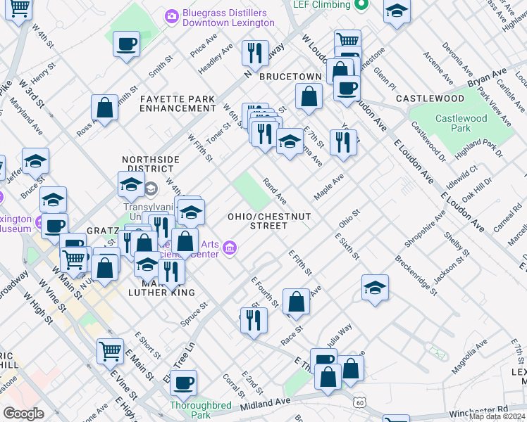 map of restaurants, bars, coffee shops, grocery stores, and more near 217 East Fifth Street in Lexington