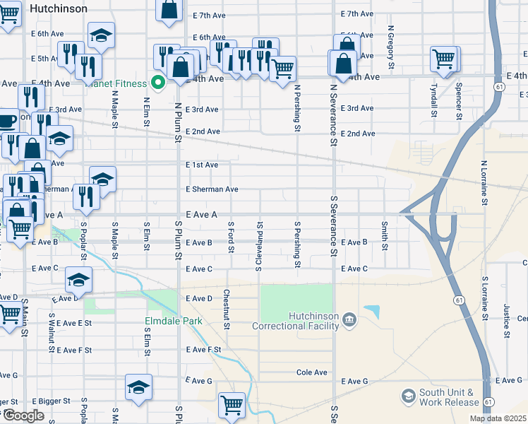 map of restaurants, bars, coffee shops, grocery stores, and more near 709 East Avenue A in Hutchinson