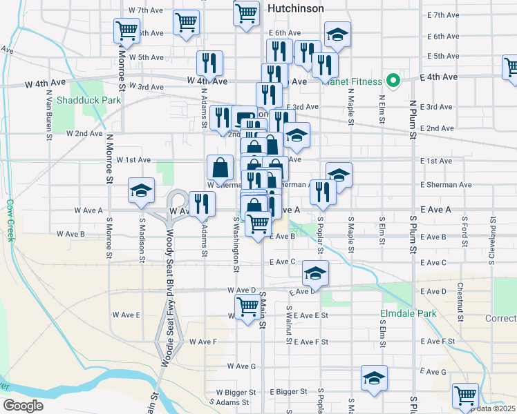 map of restaurants, bars, coffee shops, grocery stores, and more near 115 S Main St in Hutchinson