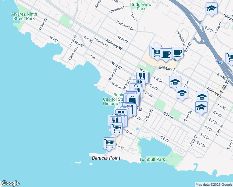 map of restaurants, bars, coffee shops, grocery stores, and more near 223 West G Street in Benicia