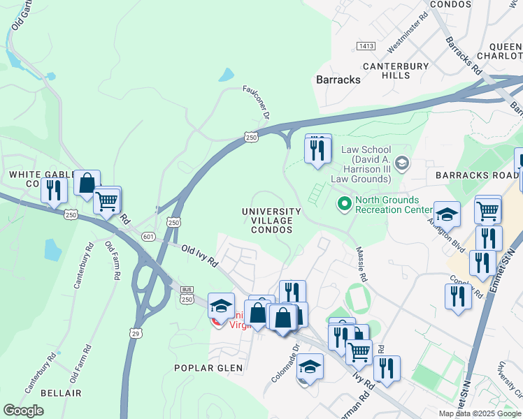 map of restaurants, bars, coffee shops, grocery stores, and more near 224 Harvest Drive in Charlottesville
