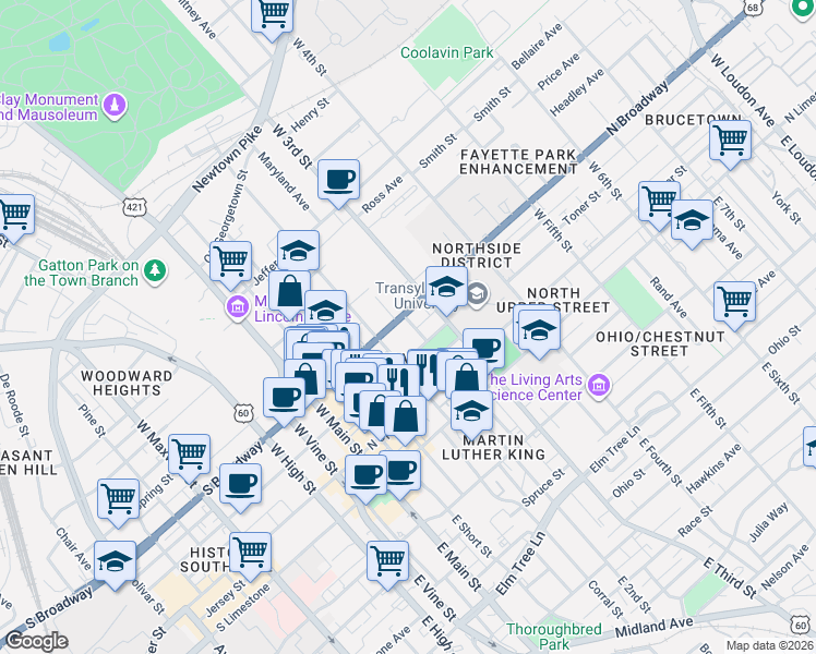 map of restaurants, bars, coffee shops, grocery stores, and more near 201 North Mill Street in Lexington