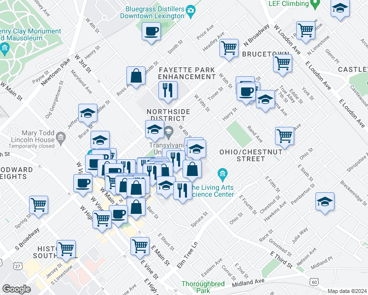 map of restaurants, bars, coffee shops, grocery stores, and more near 342 North Upper Street in Lexington
