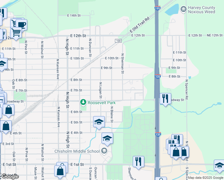 map of restaurants, bars, coffee shops, grocery stores, and more near 1002 East Broadway Street in Newton