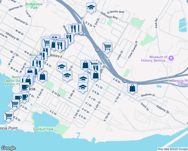 map of restaurants, bars, coffee shops, grocery stores, and more near Military East in Benicia