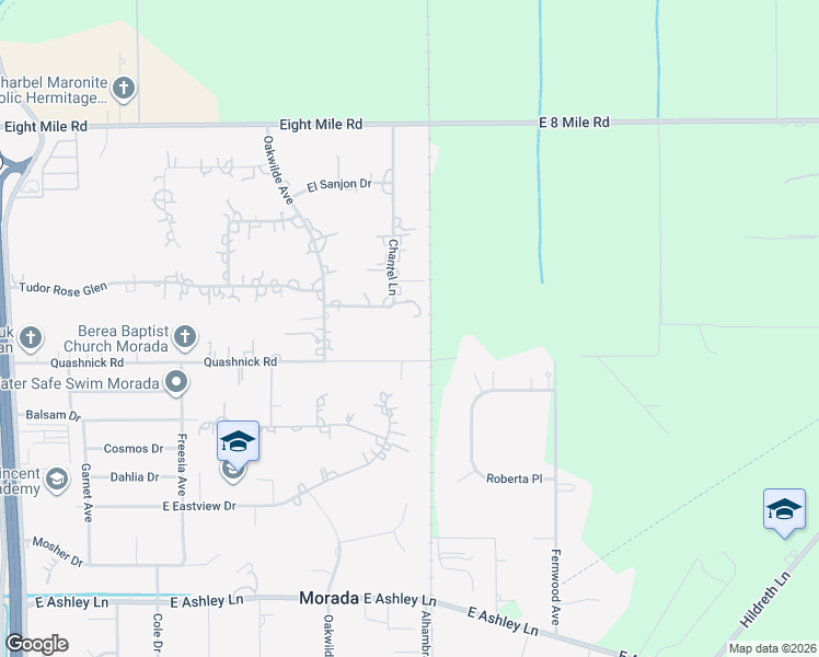 map of restaurants, bars, coffee shops, grocery stores, and more near 5533 Quashnick Road in Stockton