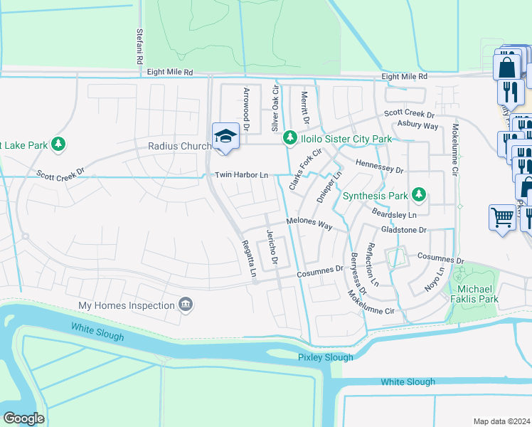 map of restaurants, bars, coffee shops, grocery stores, and more near 5874 Poppy Shores Way in Stockton