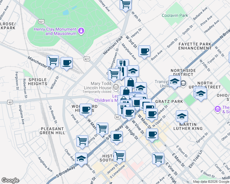 map of restaurants, bars, coffee shops, grocery stores, and more near 574 West Main Street in Lexington