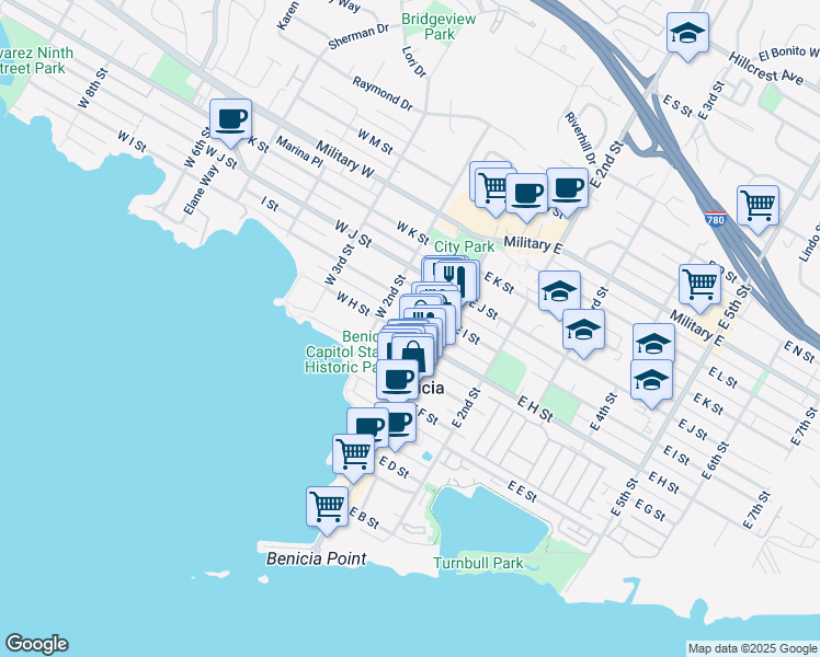 map of restaurants, bars, coffee shops, grocery stores, and more near 141 West H Street in Benicia