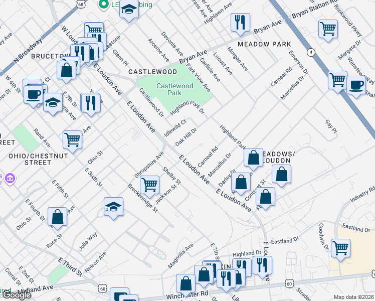 map of restaurants, bars, coffee shops, grocery stores, and more near 813 Warfield Place in Lexington