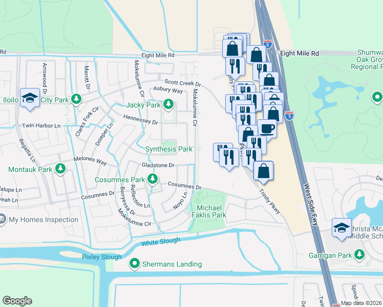map of restaurants, bars, coffee shops, grocery stores, and more near 5315 Gladstone Drive in Stockton