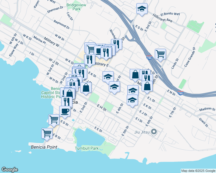 map of restaurants, bars, coffee shops, grocery stores, and more near 1005 East 3rd Street in Benicia