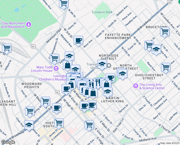 map of restaurants, bars, coffee shops, grocery stores, and more near 201 North Mill Street in Lexington