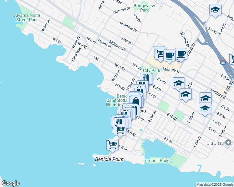 map of restaurants, bars, coffee shops, grocery stores, and more near 245 West G Street in Benicia