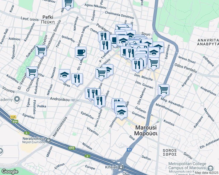 map of restaurants, bars, coffee shops, grocery stores, and more near in Marousi
