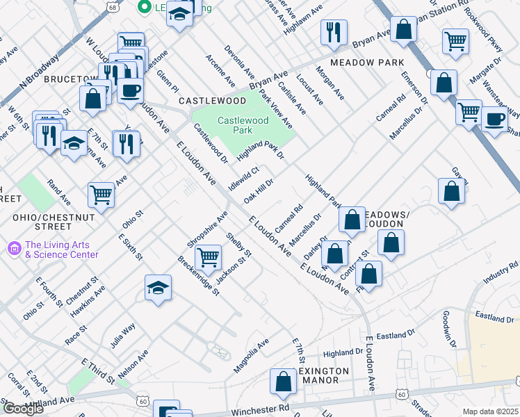 map of restaurants, bars, coffee shops, grocery stores, and more near 811 Oak Hill Drive in Lexington