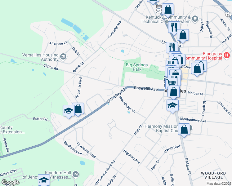 map of restaurants, bars, coffee shops, grocery stores, and more near 102 Breckinridge Drive in Versailles