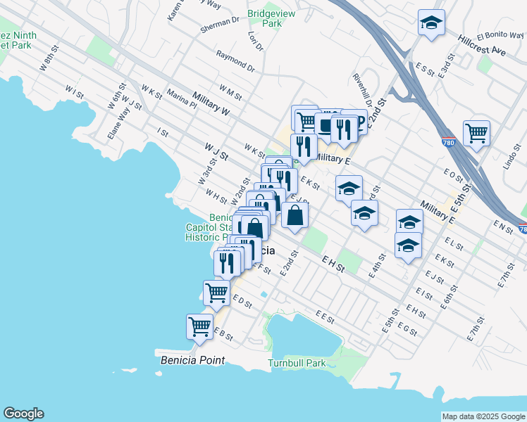 map of restaurants, bars, coffee shops, grocery stores, and more near 155 West I Street in Benicia