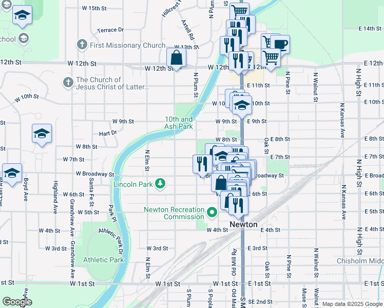 map of restaurants, bars, coffee shops, grocery stores, and more near 315 West 8th Street in Newton